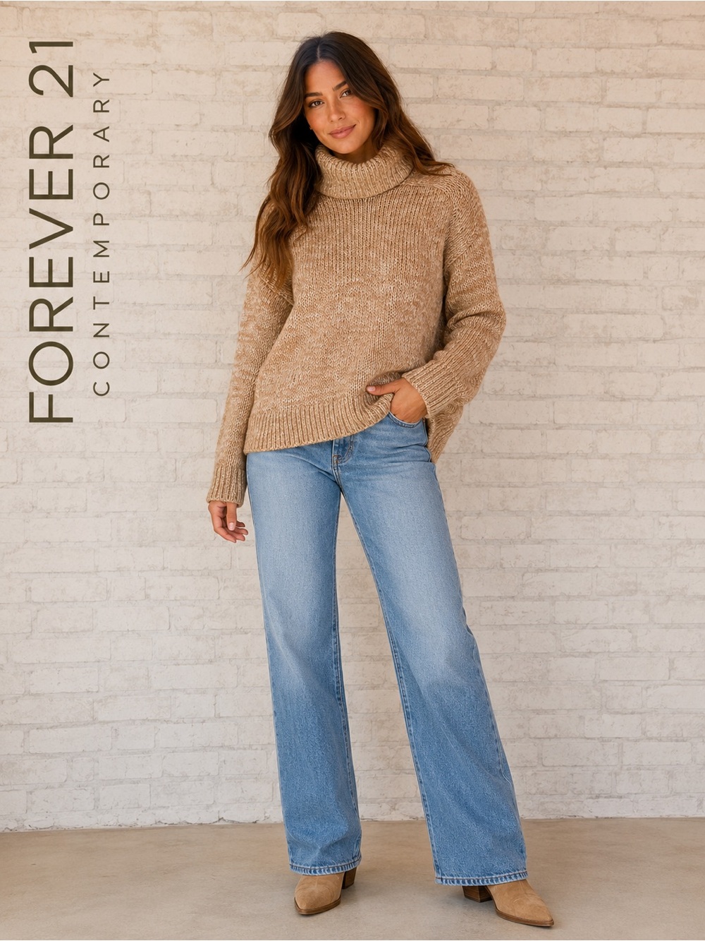 Forever 21 Contemporary Turtleneck Sweater Beige Tan Knit Size M